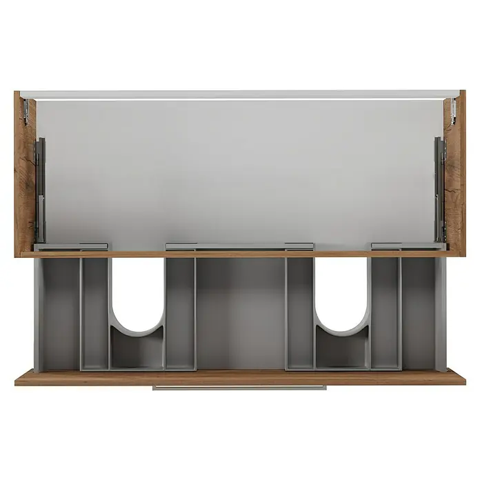 Camargue Espacio Waschtischunterschrank - 120 x 46 x 30 cm, Doce - Innenansicht eines modernen Waschtischunterschranks mit Aussparungen für Siphons und Schubladenschienen an den Seiten.