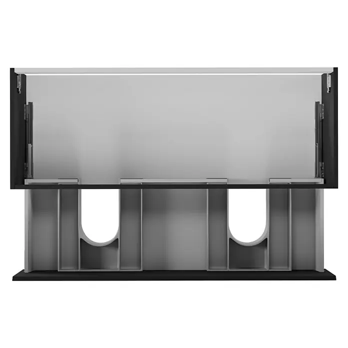 Camargue Espacio Waschtischunterschrank - 120 x 46 x 30 cm, Gama anthrazit matt - Innenansicht eines modernen Waschbeckenschranks mit praktischer Aufteilung für Badutensilien und Reinigungsbedarf. Elegantes Design für jedes Badezimmer.