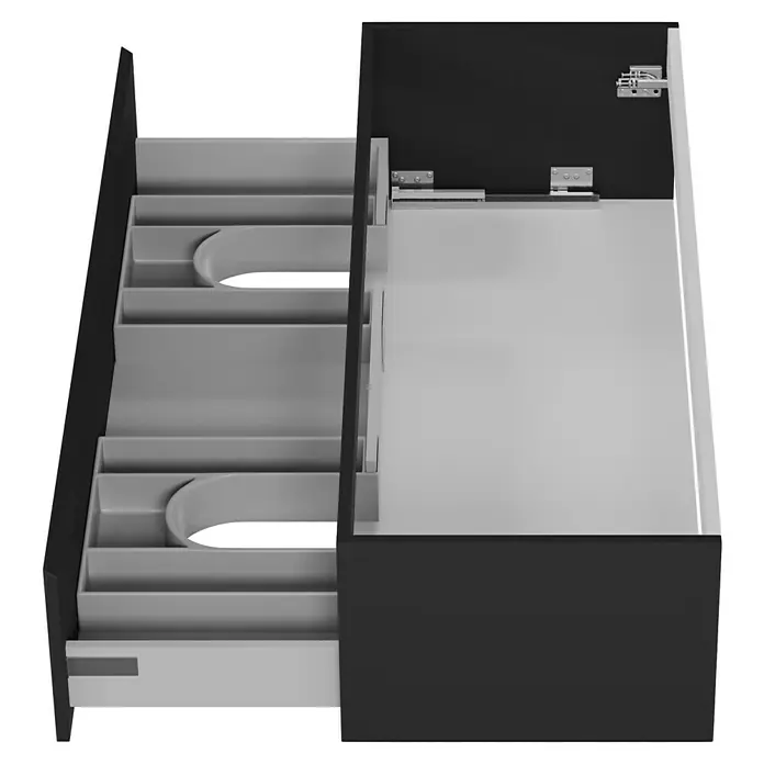 Camargue Espacio Waschtischunterschrank - 120 x 46 x 30 cm, Gama anthrazit matt - Ansicht eines ausziehbaren Schneidebretts und einer Schublade mit verschiedenen Fächern. Praktisch für die Küchenorganisation!