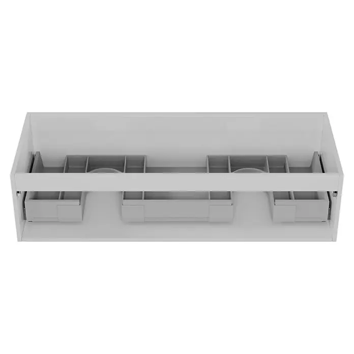 Camargue Espacio Waschtischunterschrank - 120 x 46 x 30 cm, Mira - Innenansicht einer weißen Schublade mit grauen Fächern. Das Fachsystem bietet übersichtlichen Stauraum für verschiedene Gegenstände.