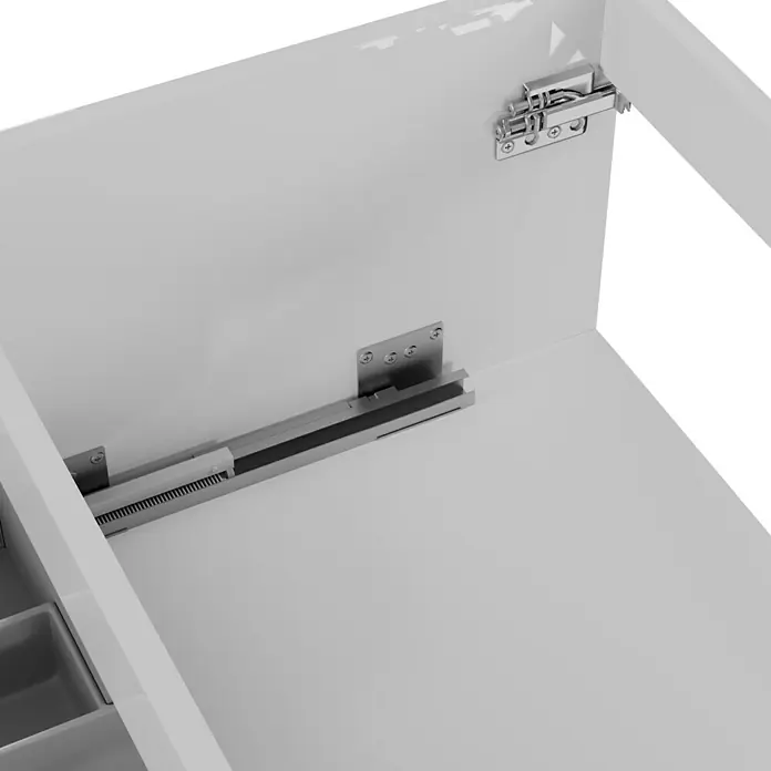 Camargue Espacio Waschtischunterschrank - 120 x 46 x 30 cm, Mira - Detailansicht von Schubladenschienen und Scharnieren in einem weißen Möbelstück, die die Konstruktion und Funktionalität hervorheben.