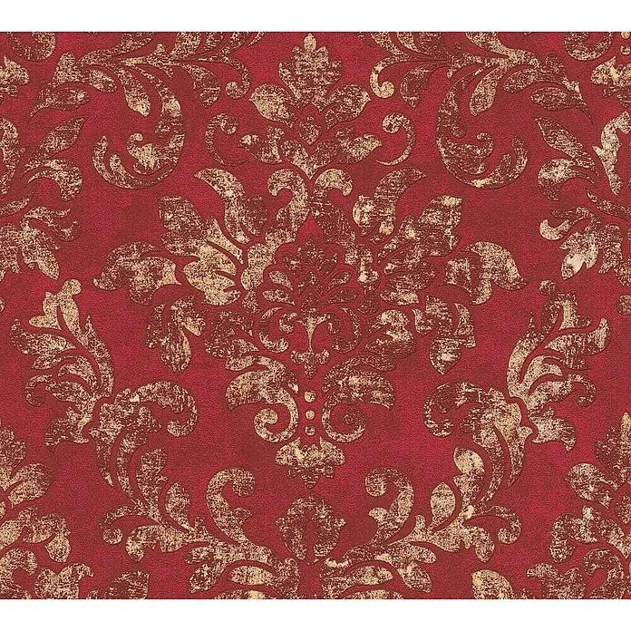 A.S. Création Neue Bude 2.0 ED II Vliestapete Damask - Rot/Gold, Ornament, 10,05 x 0,53 m - Rotes Tapetenmuster mit erhabenem, verziertem, goldfarbenem Damastmuster für ein luxuriöses und elegantes Interieur.