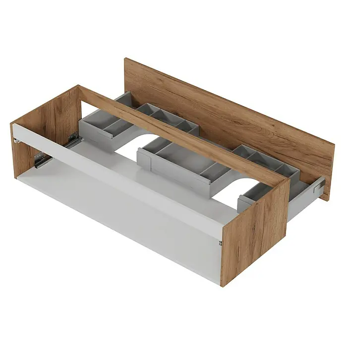 Camargue Espacio Waschtischunterschrank - 120 x 46 x 30 cm, Doce - Offene Badezimmerschublade mit Holzelementen und Fächern zur Aufbewahrung von Badartikeln, ideal für eine organisierte Badgestaltung.
