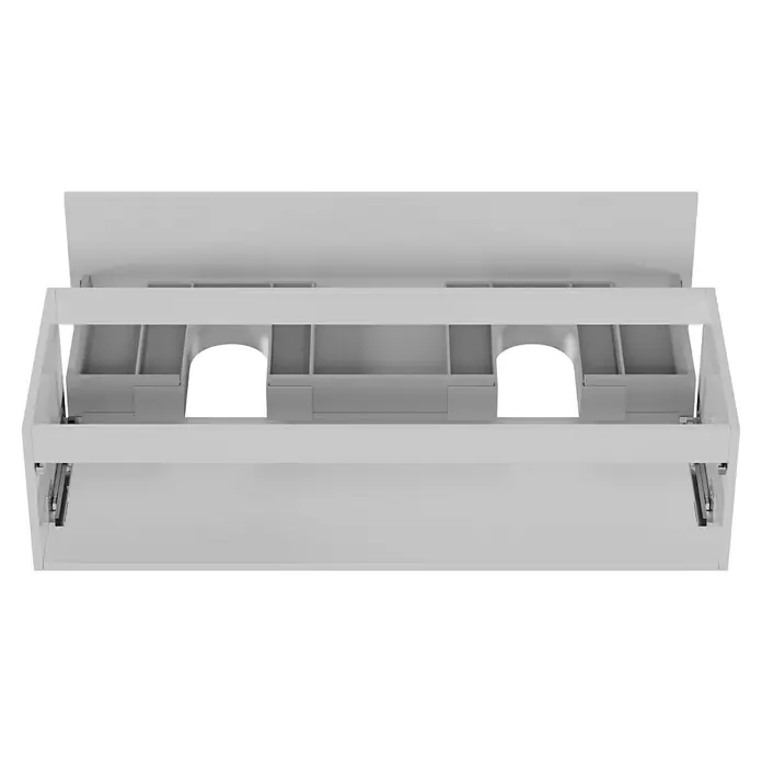 Camargue Espacio Waschtischunterschrank - 120 x 46 x 30 cm, Mira - Nahaufnahme eines weißen Schubladeneinsatzes mit Fächern, ideal für die Organisation von Büroartikeln und kleinen Gegenständen.