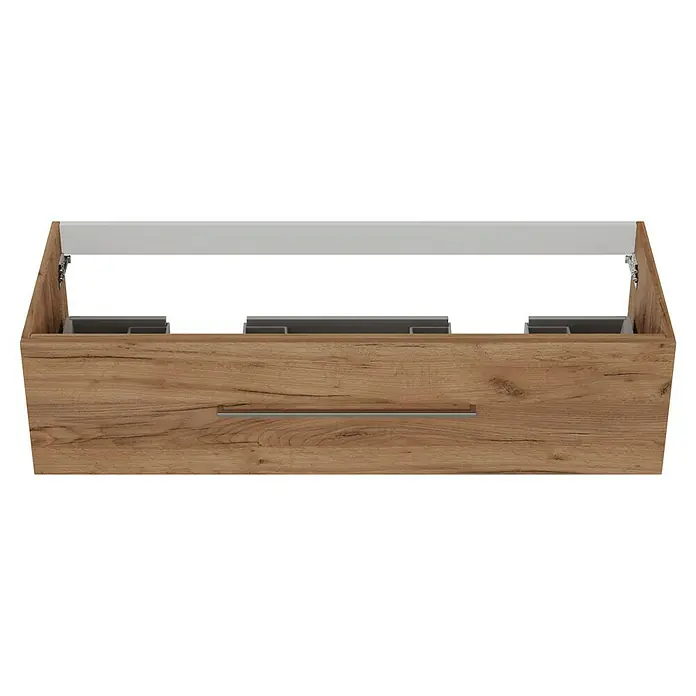 Camargue Espacio Waschtischunterschrank - 120 x 46 x 30 cm, Doce - Nahaufnahme eines hölzernen Schubladenelements mit einem eleganten, horizontalen Griff und internen Fächern für eine organisierte Aufbewahrung.