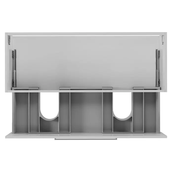 Camargue Espacio Waschtischunterschrank - 120 x 46 x 30 cm, Mira - Ein Blick in einen modernen, weißen Badezimmerschrank mit Fächern für stilvolle und praktische Badaufbewahrung.