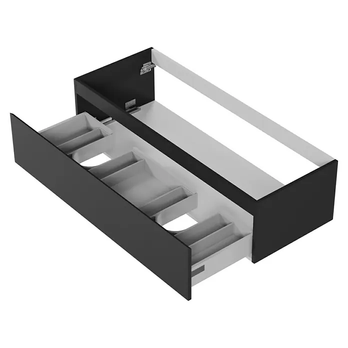 Camargue Espacio Waschtischunterschrank - 120 x 46 x 30 cm, Gama anthrazit matt - Hier ist eine Nahaufnahme eines Schranks mit ausziehbaren Schubladen und Fächern für zusätzlichen Stauraum. Ideal für Bad oder Küche.