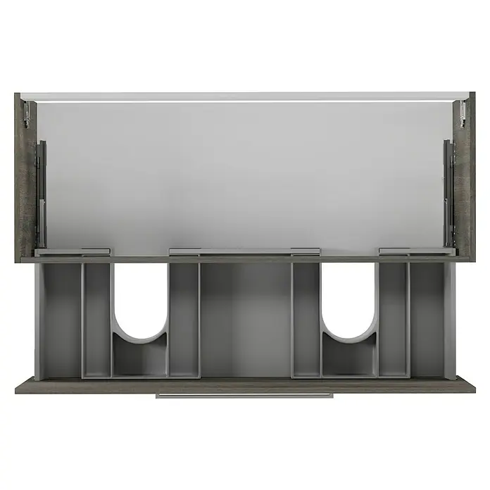 Camargue Espacio Waschtischunterschrank - 120 x 46 x 30 cm, Faro - Detailansicht eines modernen Badezimmerschranks mit offenem Stauraum und minimalistischem Design.