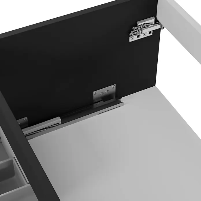 Camargue Espacio Waschtischunterschrank - 120 x 46 x 30 cm, Gama anthrazit matt - Eine Nahaufnahme der Innenseite eines Schubladensystems mit Beschlägen. Das Schubladensystem hat eine graue Farbe.