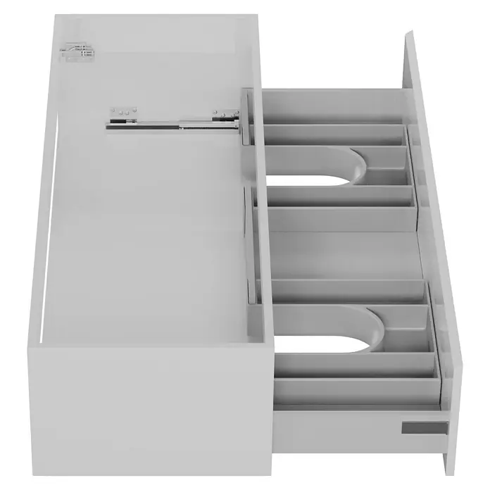 Camargue Espacio Waschtischunterschrank - 120 x 46 x 30 cm, Gama weiß glänzend - Ein offener, weißer Schubladenschrank mit Fächern. Ideal für die Organisation in Küche oder Büro.