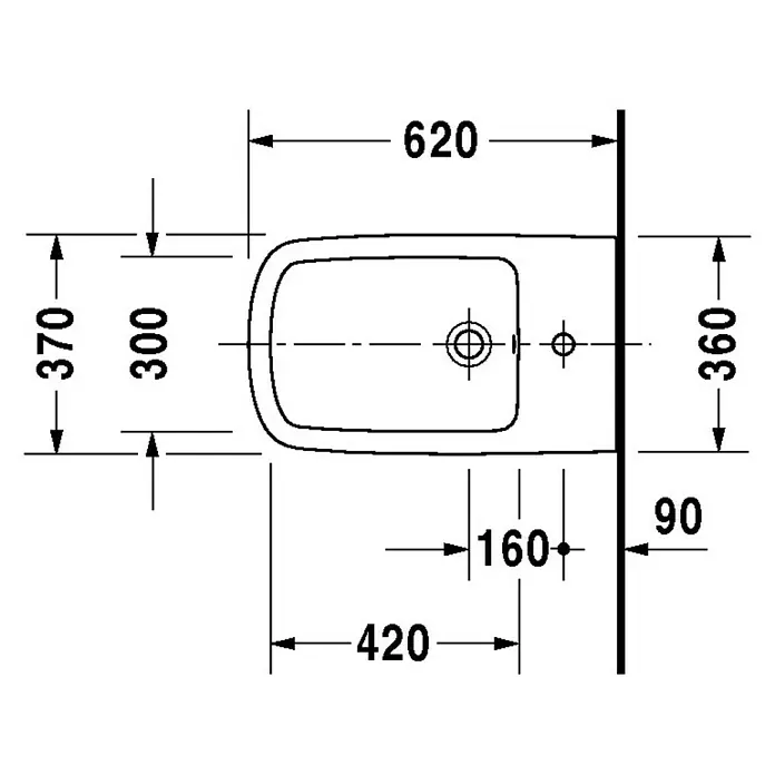 Duravit DuraStyle Wand-Bidet Typ 2 - 37 x 62 cm, Weiß, Keramik, Ohne Spezialglasur - Draufsicht auf ein Bidet mit Maßangaben, die die Abmessungen und den Wandabstand für die Installation angeben.