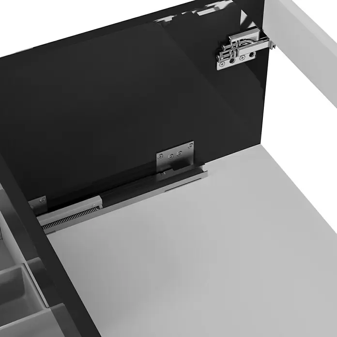 Camargue Espacio Waschtischunterschrank - 120 x 46 x 30 cm, Gama anthrazit glänzend - Detailaufnahme eines Möbelstücks mit Fokus auf Beschläge und Scharniere, die die Funktionalität hervorheben. Das Design ist modern und schlicht.