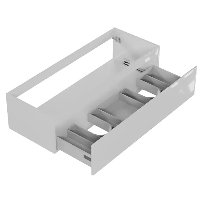 Camargue Espacio Waschtischunterschrank - 120 x 46 x 30 cm, Gama weiß glänzend - Ein weißer Badezimmerschrank mit Schubladen zur Aufbewahrung von Badutensilien bietet eine elegante Lösung.