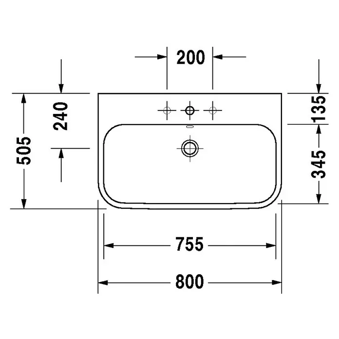 Duravit Happy D.2 Waschtisch Typ 2 - 80 x 50,5 cm, Ohne Spezialglasur, Mit Hahnloch, Mit Überlauf, Weiß - Detaillierte technische Zeichnung eines Waschbeckens mit Bemaßungen für Installation und Design. Perfekt für Badplanung.