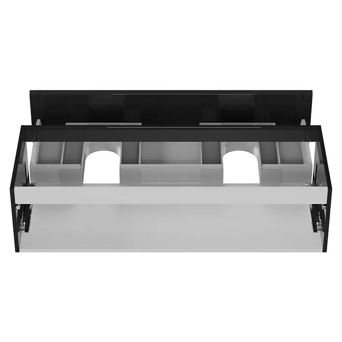 Camargue Espacio Waschtischunterschrank - 120 x 46 x 30 cm, Gama anthrazit glänzend - Eine Ansicht einer offenen, modernen Schublade mit Fächern, ideal für organisierte Aufbewahrung in einem stilvollen Zuhause oder Büro.