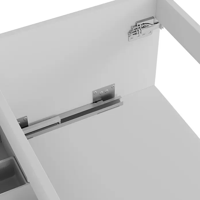 Camargue Espacio Waschtischunterschrank - 120 x 46 x 30 cm, Gama weiß matt - Detailansicht der Schubladenführung, ein funktionales Bauteil. Die präzise Mechanik sorgt für ein reibungsloses Öffnen und Schließen der Schublade.