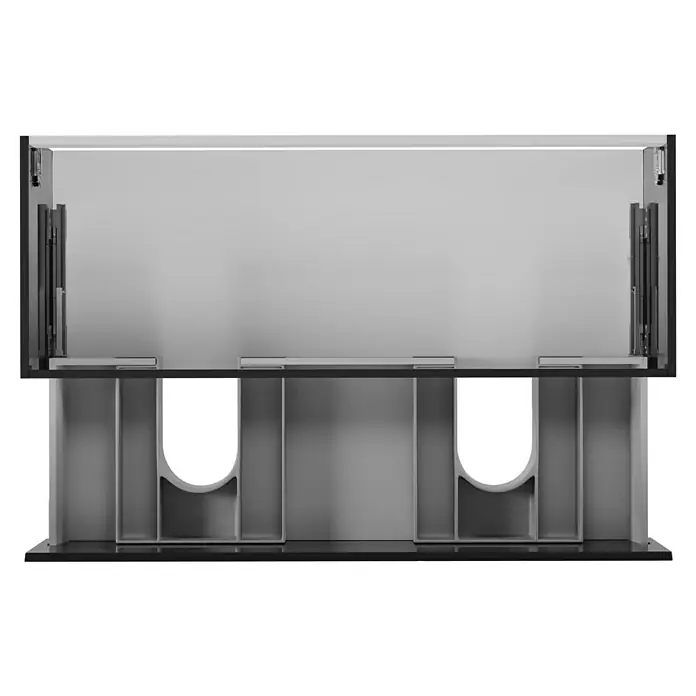 Camargue Espacio Waschtischunterschrank - 120 x 46 x 30 cm, Gama anthrazit glänzend - Aufnahme der Badezimmereinheit mit zwei Waschbecken mit Unterschränken und Ablageflächen für Badutensilien.