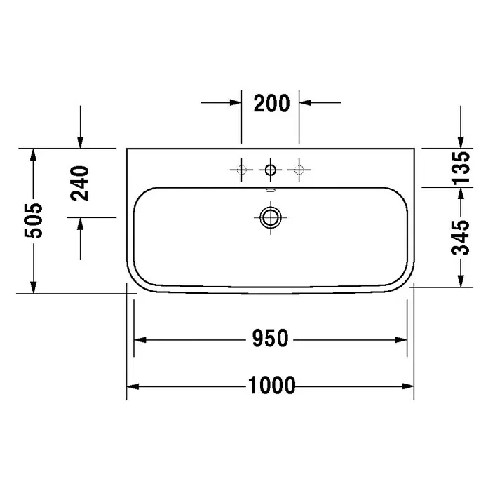Duravit Happy D.2 Waschtisch Typ 2 - 100 x 50,5 cm, Ohne Spezialglasur, Mit Hahnloch, Mit Überlauf, Weiß - Draufsicht auf ein Waschbecken mit Maßen. Die Abmessungen betragen 1000 x 505 mm, mit zusätzlichen Detailmaßen für Design und Installation.