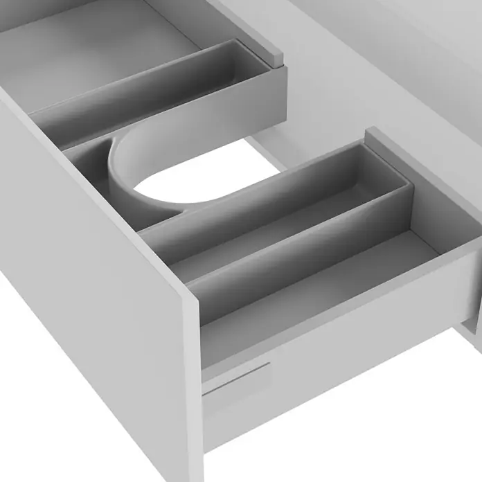 Camargue Espacio Waschtischunterschrank - 120 x 46 x 30 cm, Gama weiß matt - Offene Schublade mit Fächern zur Aufbewahrung verschiedener Gegenstände im Badezimmer.