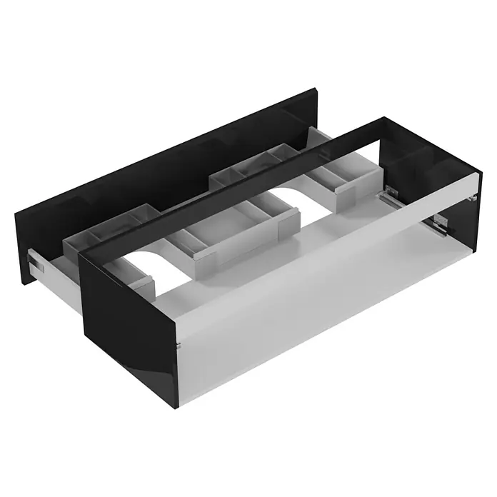 Camargue Espacio Waschtischunterschrank - 120 x 46 x 30 cm, Gama anthrazit glänzend - Darstellung eines modernen Badezimmerschranks mit Schubladen in Schwarz und Weiß, der Funktionalität und Stil vereint.
