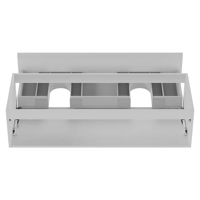 Camargue Espacio Waschtischunterschrank - 120 x 46 x 30 cm, Gama weiß matt - Eine Nahaufnahme von weißen Schubladen mit Unterteilungen. Das minimalistische Design bietet übersichtlichen Stauraum für diverse Gegenstände.