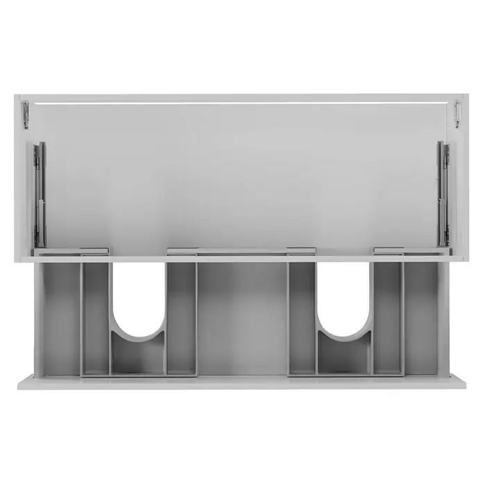 Camargue Espacio Waschtischunterschrank - 120 x 46 x 30 cm, Gama weiß glänzend - Innenansicht eines weißen Badezimmerschranks mit praktischen Fächern und Aussparungen für Rohre. Perfekt für Ordnung und Stil im Bad.