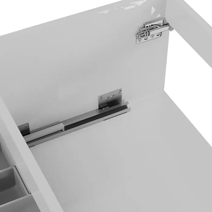 Camargue Espacio Waschtischunterschrank - 120 x 46 x 30 cm, Gama weiß glänzend - Detailansicht eines weißen Schubladenkastens mit Metalleisten und Beschlägen.