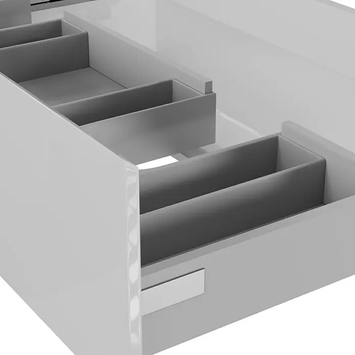 Camargue Espacio Waschtischunterschrank - 120 x 46 x 30 cm, Gama weiß glänzend - Schublade mit Fächern für eine organisierte Aufbewahrung. Die grauen Fächer bieten Platz und Ordnung für verschiedene Gegenstände.