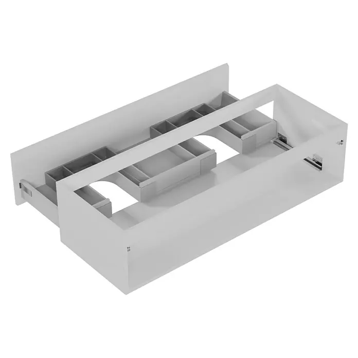 Camargue Espacio Waschtischunterschrank - 120 x 46 x 30 cm, Gama weiß glänzend - Ein weißer Schubladeneinsatz mit mehreren Fächern, ideal für die Organisation von Gegenständen in Schubladen.