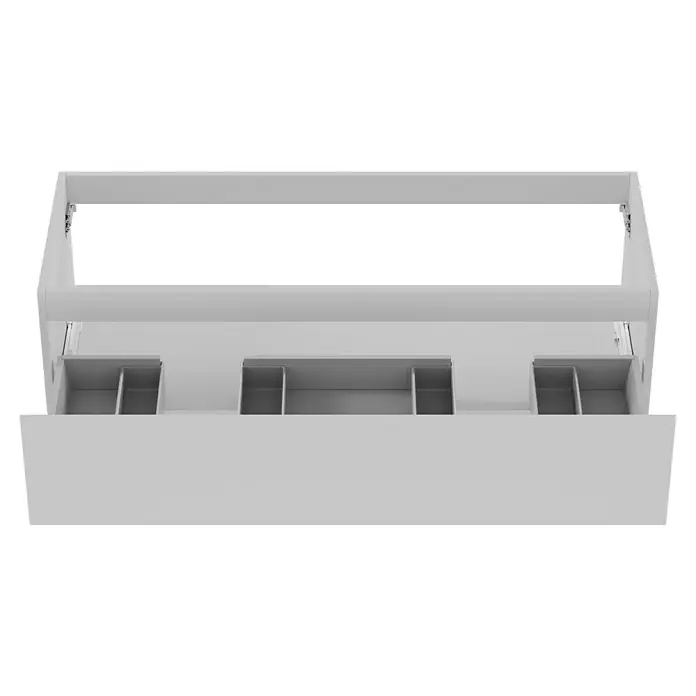 Camargue Espacio Waschtischunterschrank - 120 x 46 x 30 cm, Gama weiß matt - Ein geräumiger, weißer Spenderschrank mit drei Schubladen und Ablagefächern, ideal für die Organisation von Materialien.