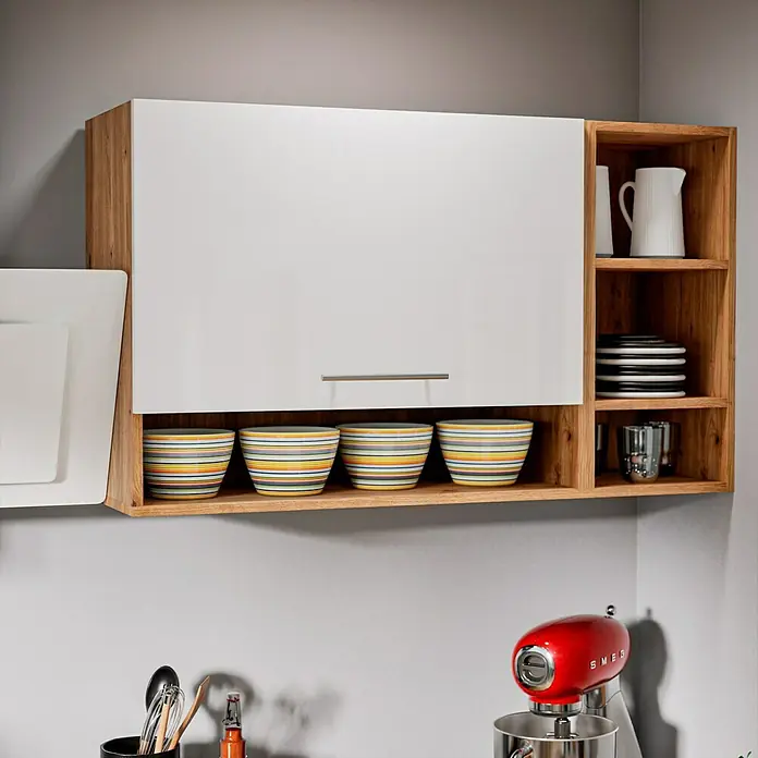 Respekta Cocina esquinera Hilde - Ancho: 220 cm, Blanco, Mate, Efecto madera, Con electrodomésticos - Armario de cocina con puerta blanca y estantes de madera, decorado con platos y cuencos, crea una decoración de cocina elegante y funcional.