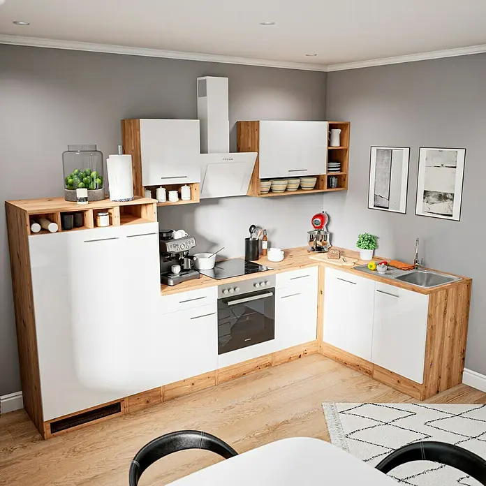 Respekta Cocina esquinera Hilde - Ancho: 310 cm, Blanco, Efecto madera, Con electrodomésticos - Una cocina moderna en blanco y aspecto de madera, con electrodomésticos integrados y una elegante encimera. Perfecta para la vida contemporánea.