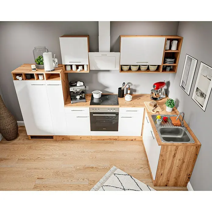 Respekta Cocina esquinera Hilde - Ancho: 310 cm, Blanco, Efecto madera, Con electrodomésticos - Cocina moderna con armarios blancos, encimeras de madera y electrodomésticos integrados como cocina, horno y un elegante robot de cocina. Elegante y funcional.