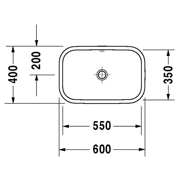 Duravit Happy D.2 Aufsatzwaschbecken - 60 x 40 cm, Ohne Spezialglasur, Hahnloch: Ohne, Mit Überlauf, Weiß - Technische Zeichnung eines rechteckigen Waschbeckens mit abgerundeten Ecken und den Maßen 600 x 400 mm.