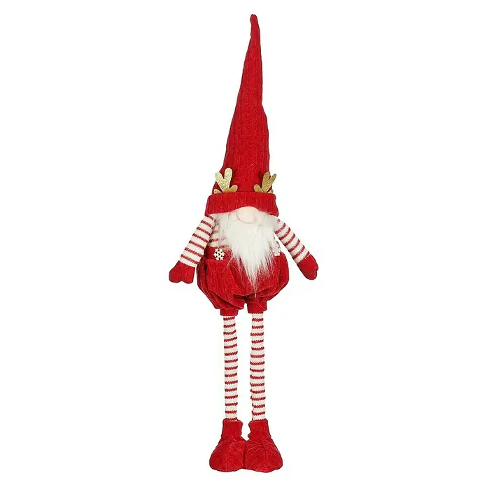 Gnomo de navidad extensible - L x An x Al: 21 x 12 x 53 cm, Poliéster, Rojo - Gnomo festivo con sombrero rojo y brazos/piernas a rayas, ideal para decoraciones navideñas y añadir alegría festiva al hogar.