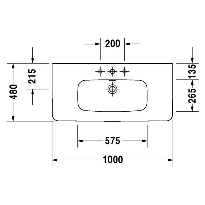 Duravit DuraStyle Waschtisch Typ 1 - 100 x 48 cm, Ohne Spezialglasur, Hahnloch: Mitte, Mit Überlauf, Weiß - Abbildung einer Waschbecken-Draufsicht mit Maßangaben, die die Abmessungen und das Design des Waschbeckens zeigen.