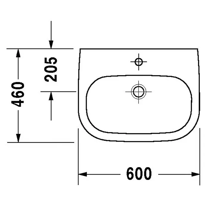 Duravit D-Code Waschtisch Med - 60 x 46 cm, Ohne Spezialglasur, Hahnloch: Ohne, Ohne Überlauf, Weiß - Technische Zeichnung eines Waschbeckens mit Maßangaben (460 x 600 mm).
