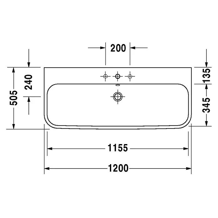 Duravit Happy D.2 Waschtisch Typ 1 - 120 x 50,5 cm, Ohne Spezialglasur, Hahnloch: Mitte, Mit Überlauf, Weiß - Abbildung eines Waschbeckens mit den Maßen 1200x505 mm, einem Beckenbereich von 1155 mm und einem Armaturenbereich von 200 mm für eine detaillierte Badplanung.