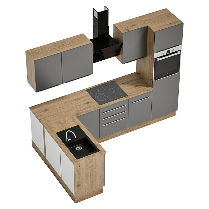 BAUHAUS Cocina esquinera Marleen (An x Pr: 280 x 170 cm, Gris, Mate, Color del cuerpo: Marrón, Con electrodomésticos) | BAUHAUS