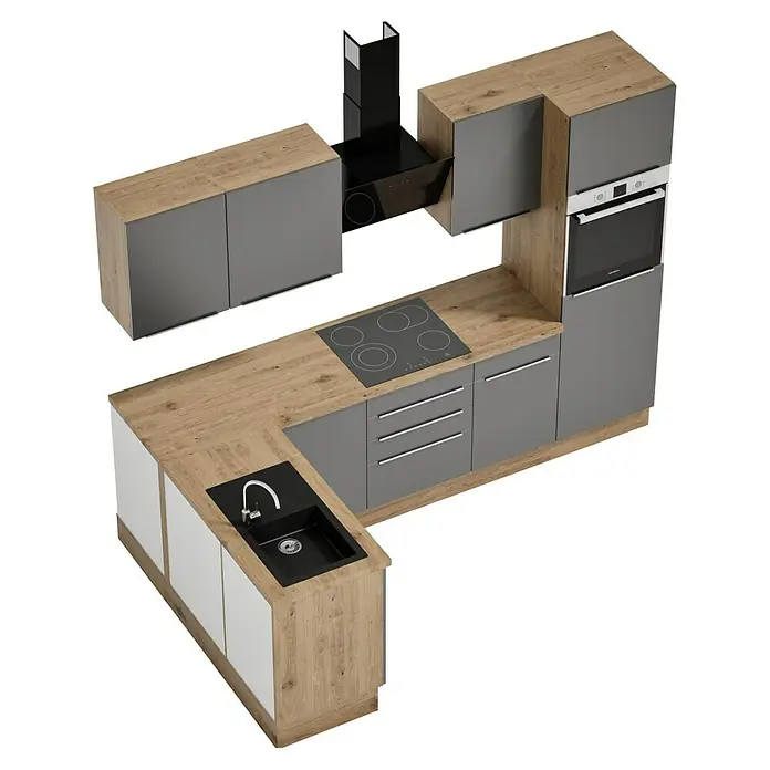BAUHAUS Cocina esquinera Marleen - An x Pr: 280 x 170 cm, Gris, Mate, Color del cuerpo: Marrón, Con electrodomésticos - Vista de una cocina moderna con fregadero, fogón, horno y campana extractora, diseñada en tonos grises, negros y madera para un ambiente elegante.