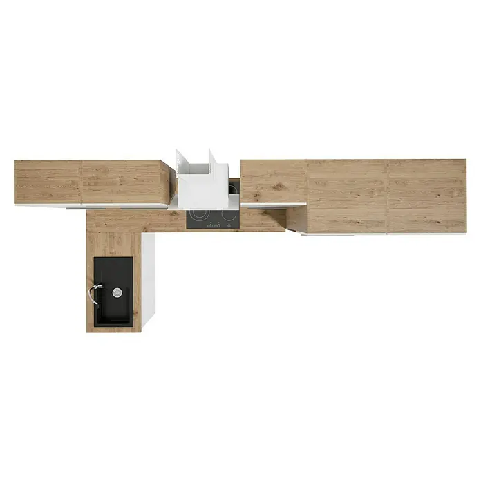 BAUHAUS Cocina esquinera Marleen - An x Pr: 340 x 170 cm, Blanco, Mate, Color del cuerpo: Marrón, Con electrodomésticos - Vista superior de una cocina moderna con armarios de madera, un fregadero negro y una placa de cocción bajo una campana extractora blanca.