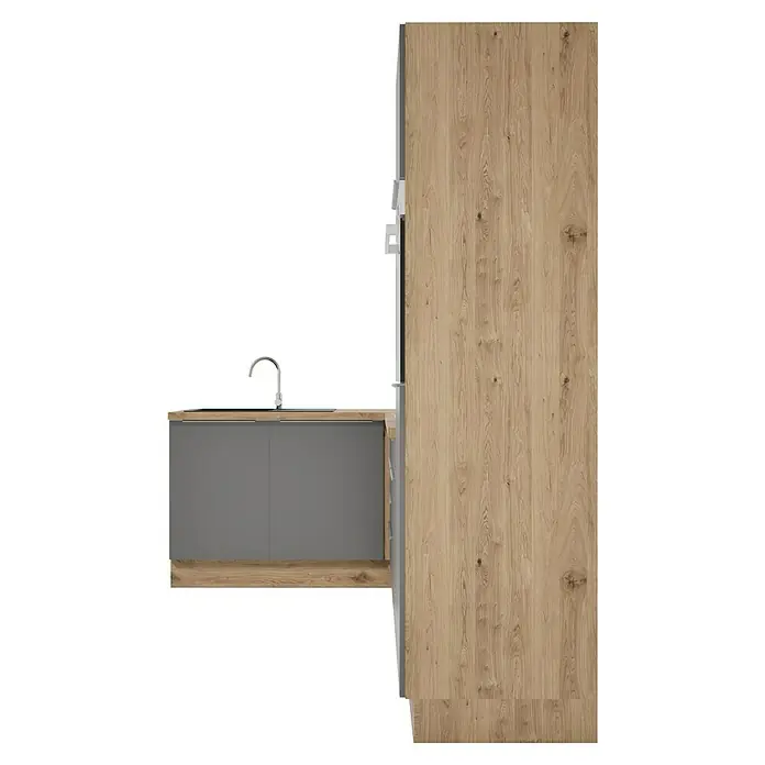 BAUHAUS Cocina esquinera Marleen - An x Pr: 280 x 170 cm, Gris, Mate, Color del cuerpo: Marrón, Con electrodomésticos - Un mueble de cocina moderno con armarios bajos grises y un frente alto de madera, que muestra un diseño de cocina elegante.