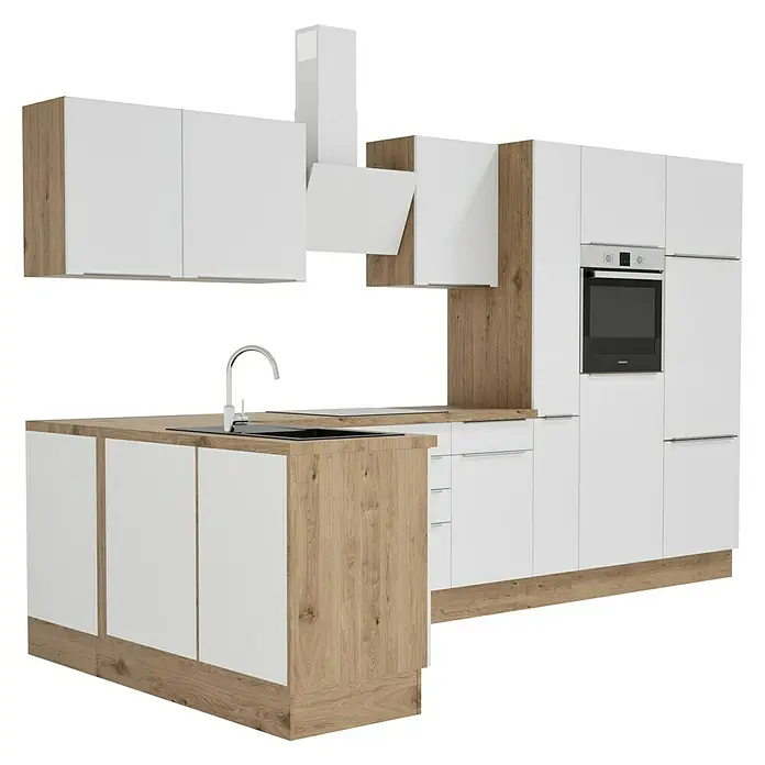 BAUHAUS Cocina esquinera Marleen - An x Pr: 370 x 170 cm, Blanco, Mate, Color del cuerpo: Marrón, Con electrodomésticos - Imagen de una cocina moderna en blanco y aspecto de madera con armarios de pared, fregadero y horno empotrado para un diseño elegante.