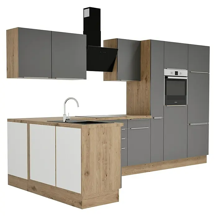 BAUHAUS Cocina esquinera Marleen - An x Pr: 370 x 170 cm, Gris, Mate, Color del cuerpo: Marrón, Con electrodomésticos - Cocina moderna con armarios grises, detalles de madera y una elegante campana extractora negra, que ofrece un diseño elegante y funcional.