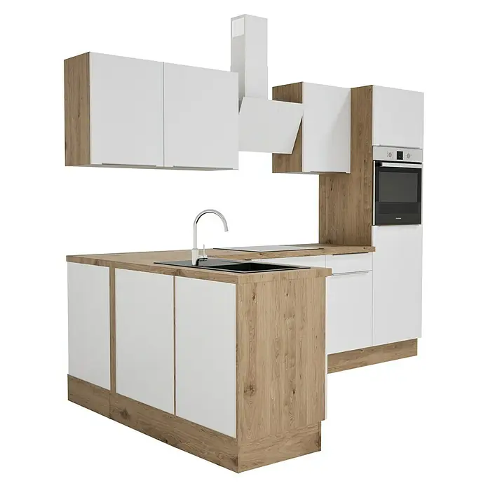 BAUHAUS Cocina esquinera Marleen - An x Pr: 280 x 170 cm, Blanco, Mate, Color del cuerpo: Marrón, Con electrodomésticos - Cocina moderna con frentes blancos y decoración de madera. La cocina cuenta con fregadero, fogones y horno y ofrece mucho espacio de almacenamiento.