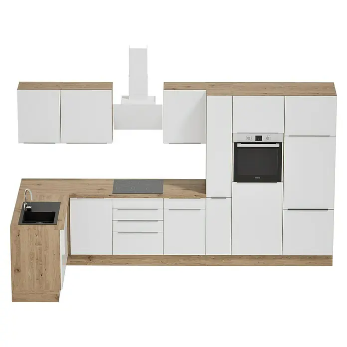 BAUHAUS Cocina esquinera Marleen - An x Pr: 370 x 170 cm, Blanco, Mate, Color del cuerpo: Marrón, Con electrodomésticos - Cocina moderna con armarios blancos, superficies de madera, fregadero, fogones y horno para experiencias culinarias.