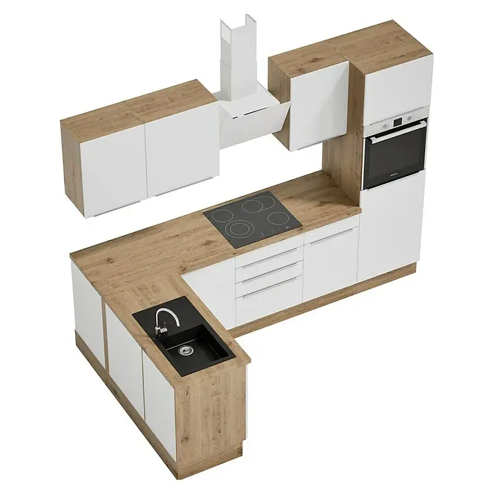 BAUHAUS Cocina esquinera Marleen - An x Pr: 280 x 170 cm, Blanco, Mate, Color del cuerpo: Marrón, Con electrodomésticos - Isla de cocina con fregadero, fogones, horno y campana extractora en blanco y aspecto madera. Un conjunto de cocina moderno para tu hogar.