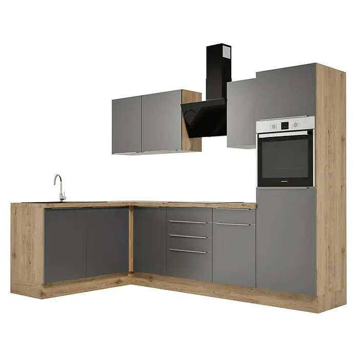 BAUHAUS Cocina esquinera Marleen - An x Pr: 280 x 170 cm, Gris, Mate, Color del cuerpo: Marrón, Con electrodomésticos - Cocina moderna en gris y aspecto de madera con fregadero, campana extractora y horno integrado para una experiencia culinaria elegante.