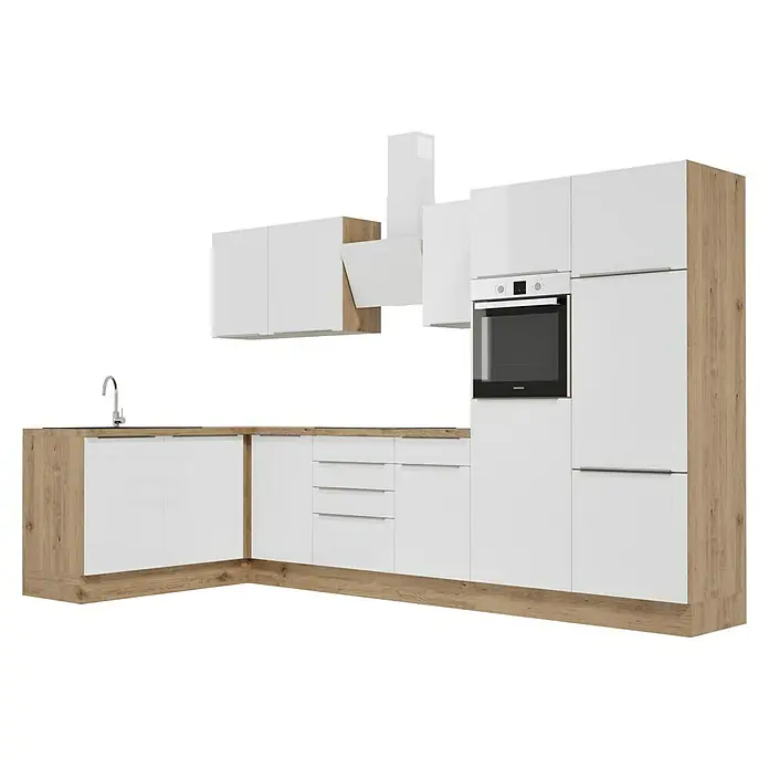 BAUHAUS Cocina esquinera Marleen - An x Pr: 340 x 170 cm, Blanco, Mate, Color del cuerpo: Marrón, Con electrodomésticos - Esta cocina moderna combina frentes blancos con decoración de madera para una apariencia elegante. El horno está integrado perfectamente.