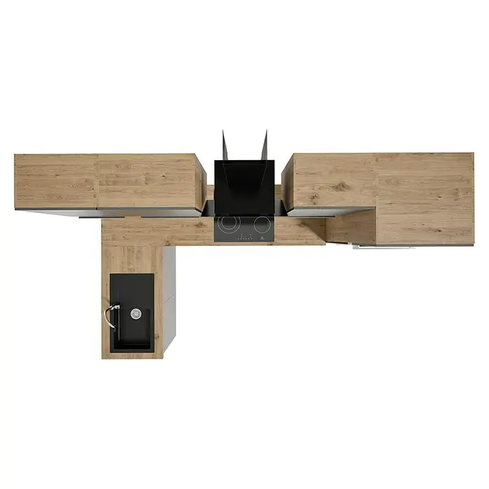 BAUHAUS Cocina esquinera Marleen - An x Pr: 280 x 170 cm, Gris, Mate, Color del cuerpo: Marrón, Con electrodomésticos - Un elegante conjunto de cocina con armarios de madera, un fregadero negro y una moderna campana extractora sobre la zona de cocción.